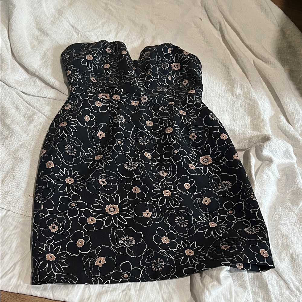 J.O.A. Blue Strapless Dress with Pink Floral Pattern